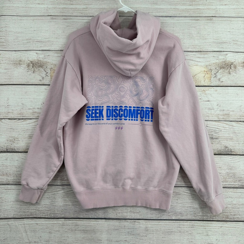 Seek Discomfort Hoodie Mens Medium Purple YES Graphic Organic Cotton Top